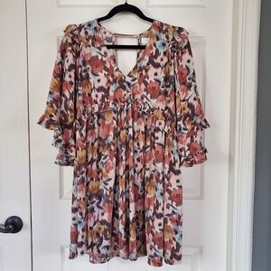 On YOU Floral Babydoll Mini Dress Ruffled 3/4 Bell Sleeves Pullover V-neck Large